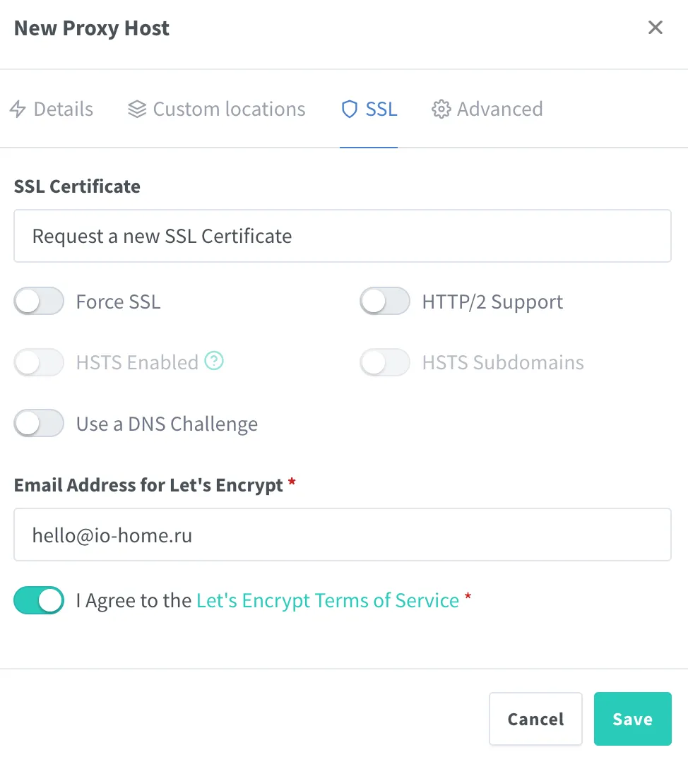 Nginx Proxy Manager настройка SSL для хоста