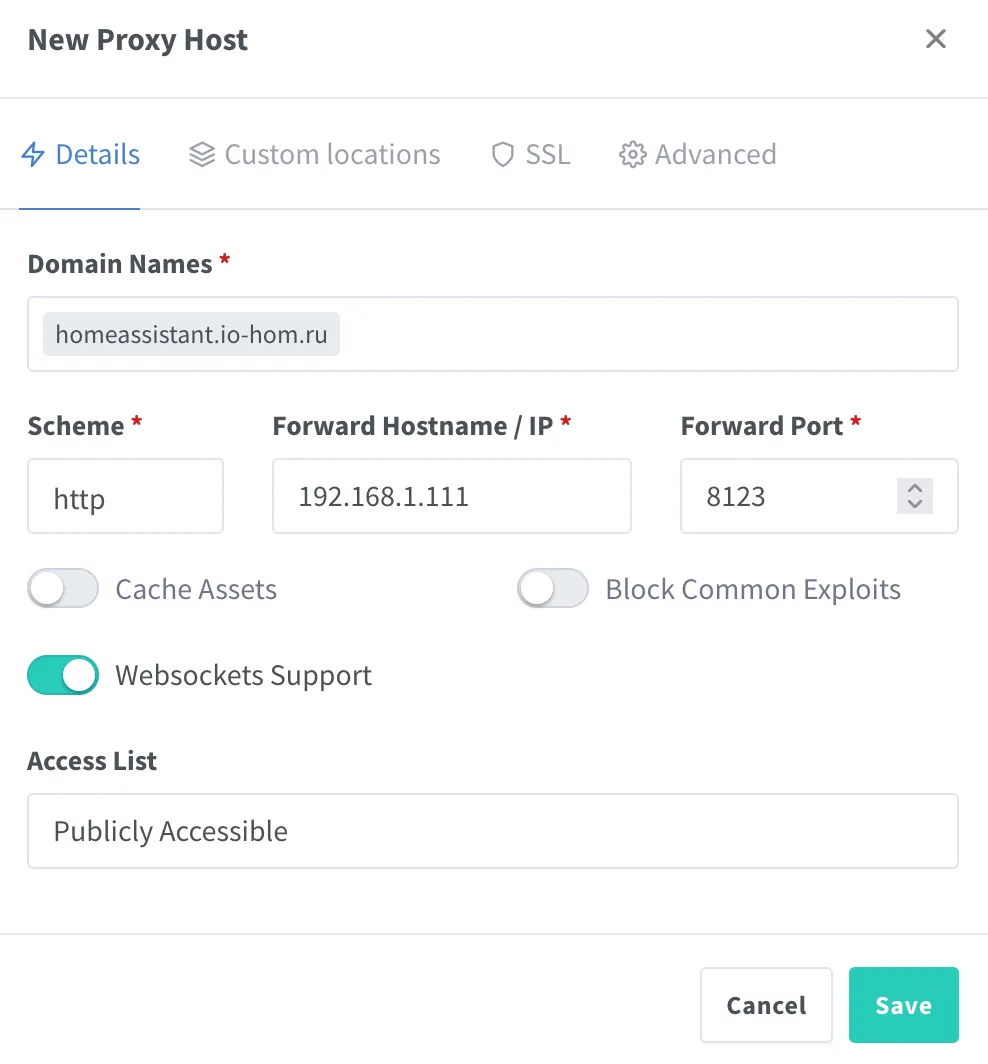 Nginx Proxy Manager информация о хосте