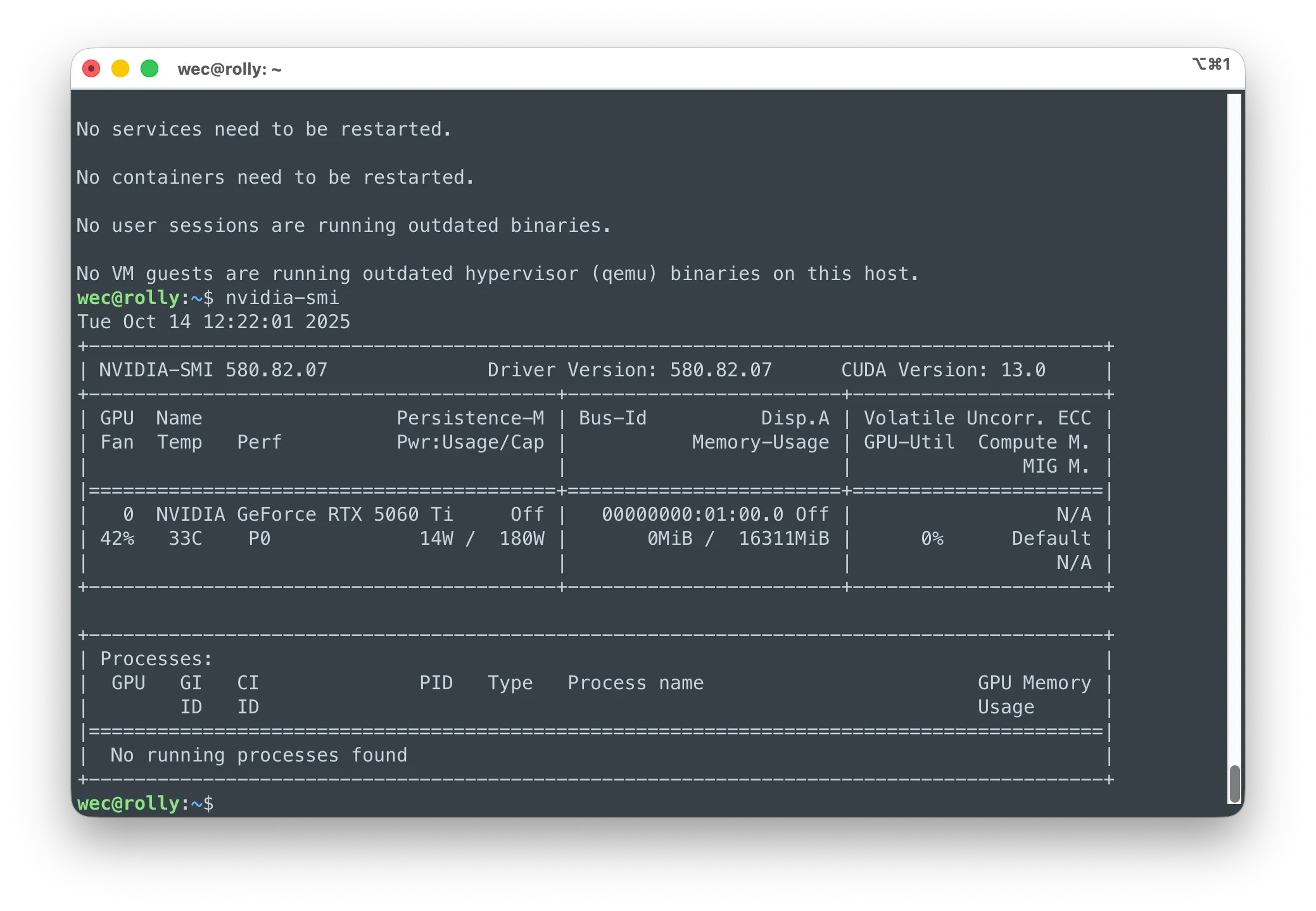 Вывод информации nvidia-smi о видео-карте RTX5060ti в Ubuntu Server